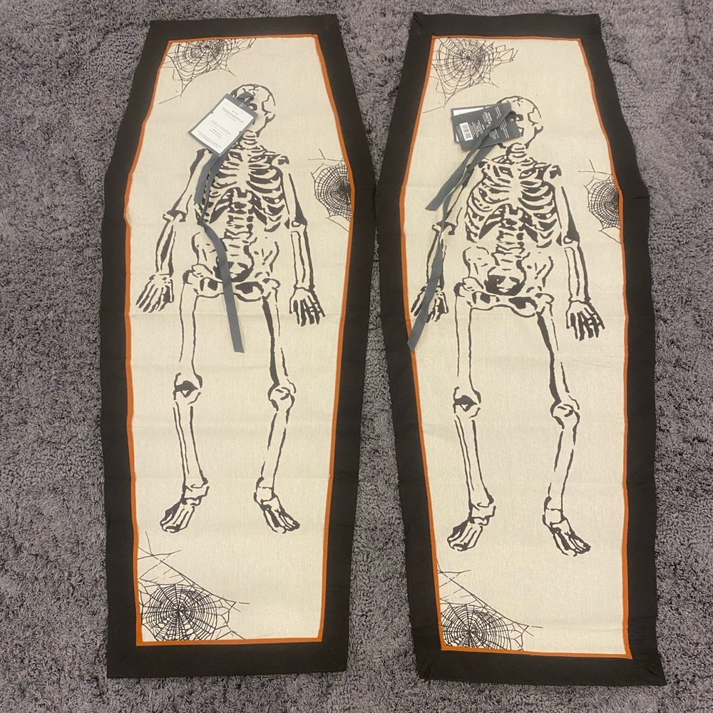Threshold Brown, Cream and Orange Coffin Skeleton Table Runner-Set of 2